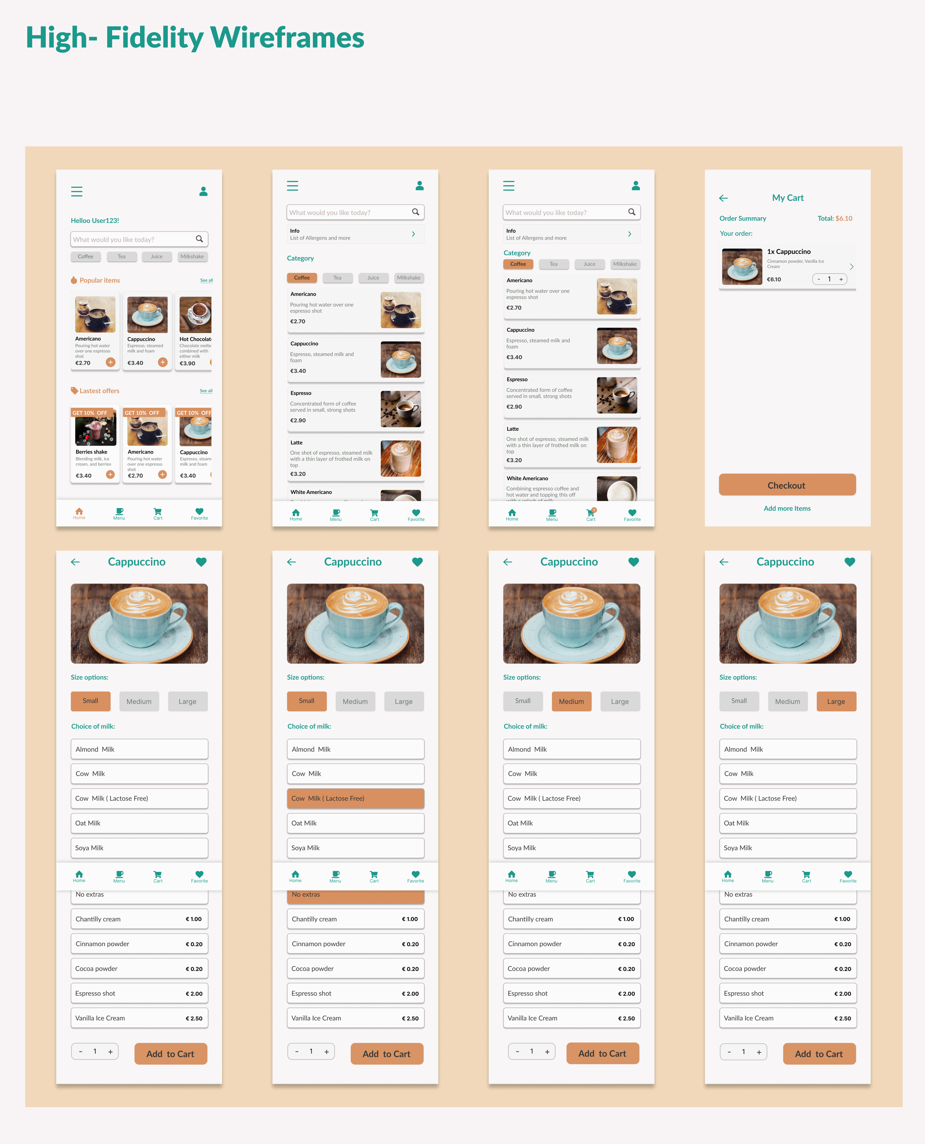 Coffee House Mobile App - UX/UI Design Case Study - High Fidelity Wireframes